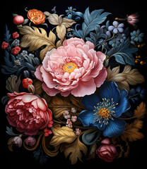 obraz przedstawiający kolorowe kwiaty róży wśród kolorowych kwiatów na ciemnym tle - obrazy, fototapety, plakaty