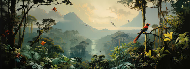 Egzotyczny krajobraz lasu tropikalnego z ptakami i górami w tle.  - obrazy, fototapety, plakaty