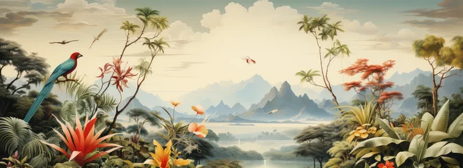 Photo sur Plexiglas Beige Egzotyczny krajobraz lasu tropikalnego z ptakami i górami w tle. 