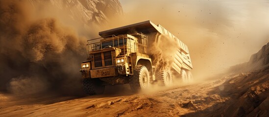 Dust trail created by large truck in the pit during open cast mining