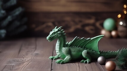 Toy green wooden dragon at tabletop among christmas balls as symbol of Chinese 2024 New Year. Copy space