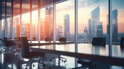 A light modern office interior with panoramic windows and beautiful lighting in the Abstract background