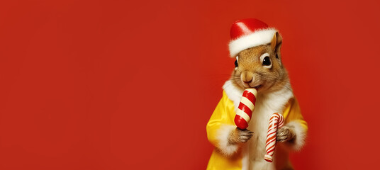 squirrel with a candy cane, Merry Christmas greeting card, panoramic layout. Generative Ai