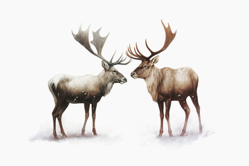 two horned reindeer, Merry Christmas card. Generative Ai