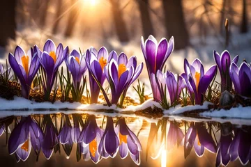 Deurstickers Purple crocus flowers in snow, awakening in spring to the warm gold rays of sunlight  © HUSNA