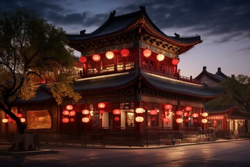 Ancient Chinese red building in Beijing during evening hours. Generative AI