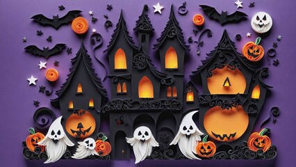 halloween scene with pumpkins and a house with a full moon in the background and bats