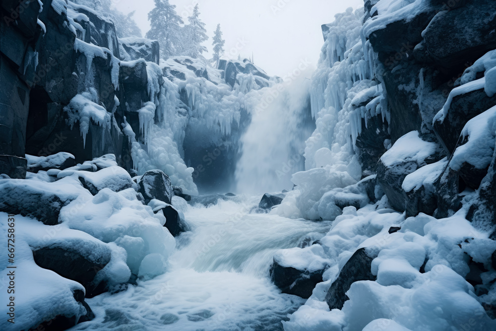Aufkleber snowy waterfall climbing scene in extreme weather background with empty space for text
