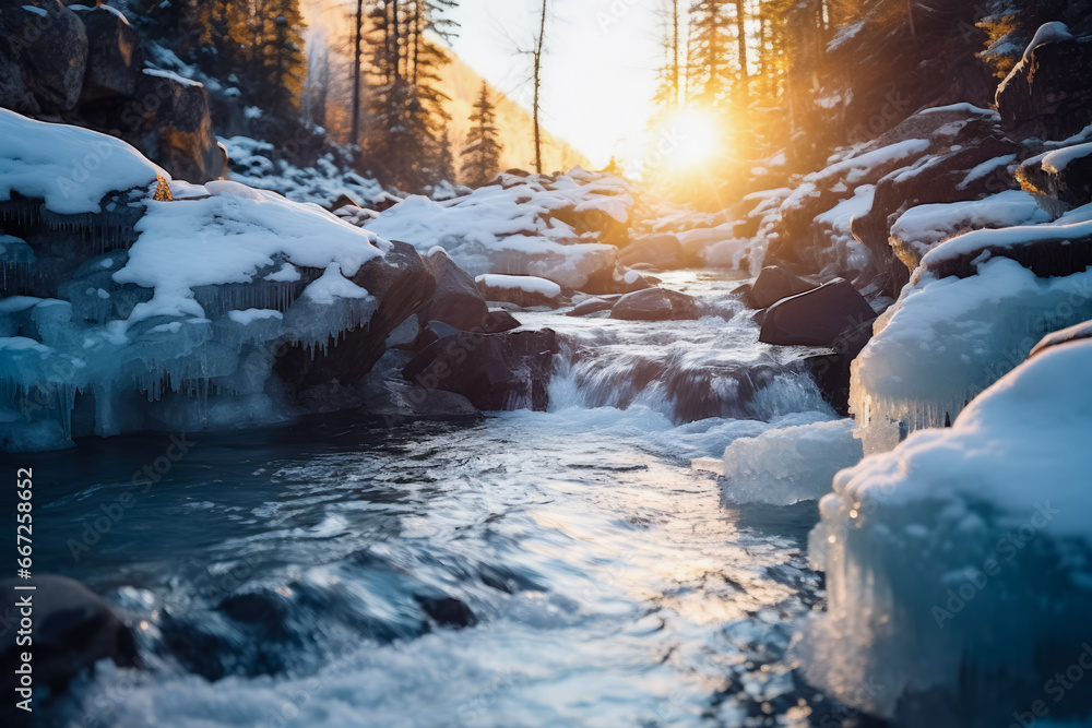 Poster sunlight reflecting off icy waterfall background with empty space for text
