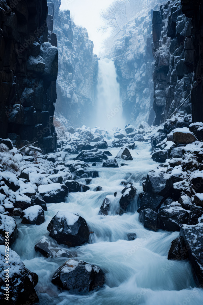Poster snowy waterfall climbing scene in extreme weather background with empty space for text