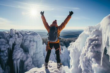 Triumphant climber atop frozen waterfall background with empty space for text 
