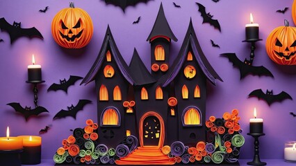 halloween scene with pumpkins and a house with a full moon in the background and bats