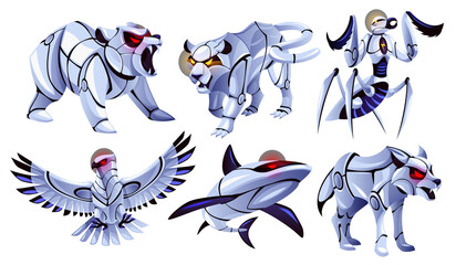 Futuristic robotic animals. Fauna cyborg powerful characters, cartoon mechanical beasts, zoomorphic machines, metal bear, tiger and praying mantis, eagle, whale and wolf, tidy png set