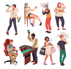 Addicted men and women. Cartoon unhappy people with different bad habits, alcoholism, drug and gambling addiction, bulimia and smocking, shopaholism. Flat style isolated illustration tidy png set - obrazy, fototapety, plakaty