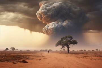 Conceptual illustration of climate change in Africa: dust storm with rocks, sand, bushes, and dark clouds resulting in environmental impacts and migration in Somalia and Ethiopia. Generative AI