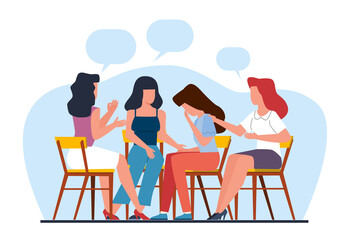 Women sit together in circle and discuss their problems, comforting and encouraging each other. Ladies care and support. Sisterhood helping. Cartoon flat style isolated png concept