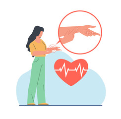 Young girl takes her pulse on her arm. Self diagnostic and monitoring symptoms. Measuring heart pulsation. Increased heart rate due to sports and stress. Cartoon flat isolateed png concept - obrazy, fototapety, plakaty