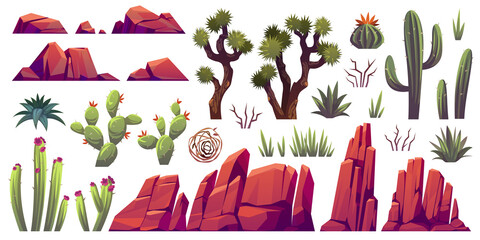 Desert elements. Cartoon stones of different shapes, plants of arid zones, succulents, cacti and tumbleweed, canyon rocks, exotic landscape objects, solid cliffs, bare trees tidy png set - obrazy, fototapety, plakaty