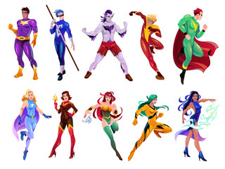 Superheroes characters. Cartoon heroes mascots set, strong men and women group in tight fitting color costumes, different active poses and skills, tidy png cartoon flat isolated illustration