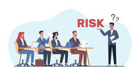 Young business team discusses possible risks. People sitting at table and listening manager. Meeting at office workplace. Employee teamwork. Cartoon flat style isolated png concept