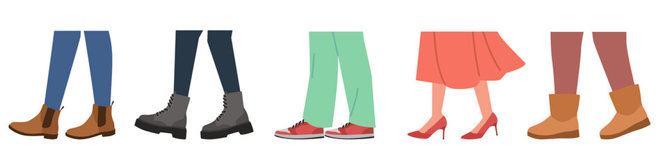 Set of feet in different modern shoes. Various types of mens or womens footwear. Walking people in stylish footgear. Summer and winter casual accessory. Cartoon flat isolated png set - obrazy, fototapety, plakaty