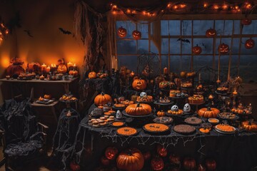 a table with a lot of pumpkins and candles on it 