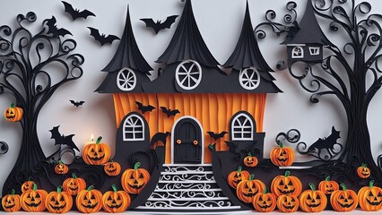 halloween scene with pumpkins and a house 