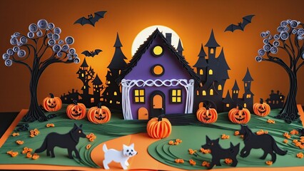 Fototapeta na wymiar halloween scene with pumpkins and a house with a full moon in the background and bats