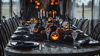 a table with a lot of pumpkins and candles on it 