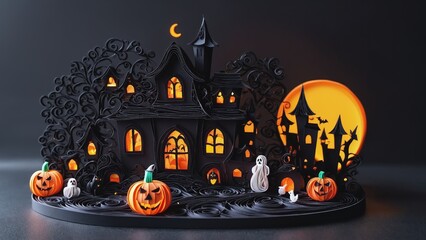 halloween scene with pumpkins and a house with a full moon in the background and bats