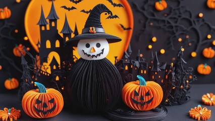 halloween scene with a pumpkin and a snowman