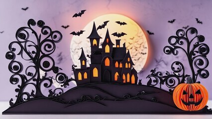 halloween scene with pumpkins and a house with a full moon in the background and bats