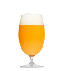 Glass of light beer with foam isolated on white background