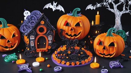 a group of halloween decorations with candles and pumpkins on a table with candles and candy in the background