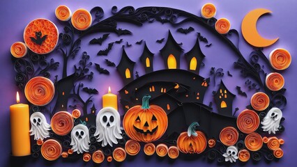 halloween scene with a castle and bats on a purple background with a full moon