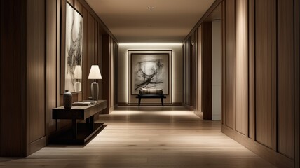 a corridor adorned with light walnut wood panels, set in a cozy and magnificent residence, beautifully designed.