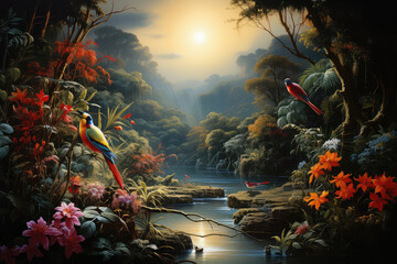 Obraz przedstawiający krajobraz egzotycznego lasu z wodospadem, kwitnącymi gałęziami drzew, rzeką, kwiatami i egzotycznymi ptakami.  - obrazy, fototapety, plakaty