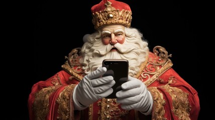 Santa Claus's hands holding a smartphone, capturing every intricate detail in super-resolution.