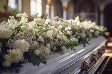 Closeup shot of a funeral casket with flowers in a hearse or chapel or burial at cemetery