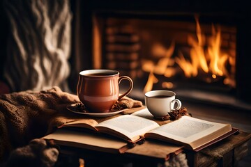 Cup of  tea and book near fireplace at home. Cozy atmosphere - obrazy, fototapety, plakaty
