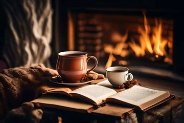 Poster Cup of  tea and book near fireplace at home. Cozy atmosphere © HUSNA