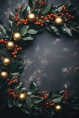 Christmas background with golden berries and fir branch.