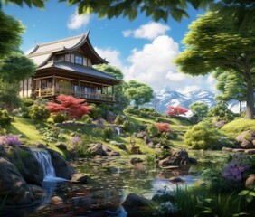 a landscaped house is shown in the garden, in the style of jessica rossier, thai art, 32k uhd, wood, eiichiro oda, southern countryside