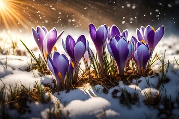 Purple crocus flowers in snow, awakening in spring to the warm gold rays of sunlight