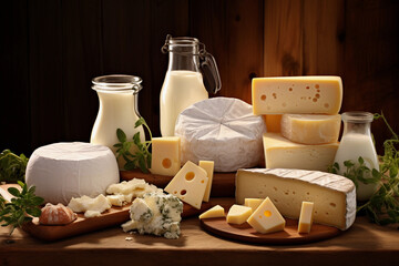 Dairy products assortment shot on rustic wooden table. Dairy products included are milk, yogurt, butter, goat cheese, mozzarella, ricotta, Parmesan cheese, emmental cheese and hard cheese
