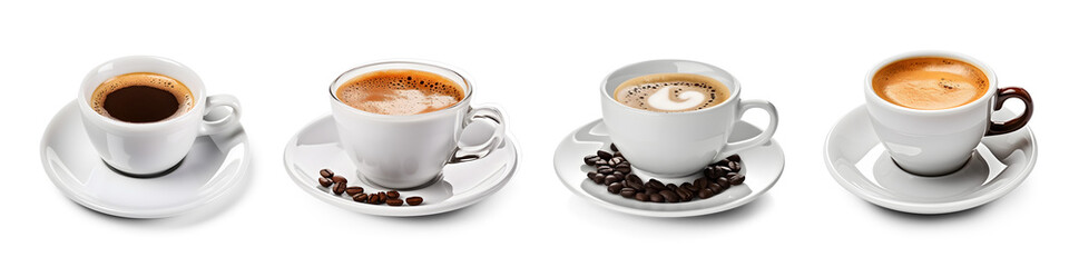 Set of white coffee cups isolated on transparent background. Generative AI