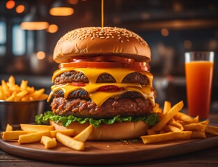 The fresh and delicious cheeseburger with fries on a table against blurred Restaurant background.
