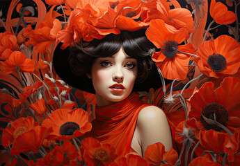 Portret dziewczyny w czerwonych kwiatach makowca.