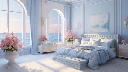 Romantic bedroom ideas Trend in simple, elegant and classic decoration, light blue tone, premium quality with a touch of luxury. Bright streaks of morning sunlight pass diagonally through the window