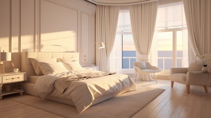Fototapeta premium Romantic bedroom ideas Simple, elegant, classic decorating trend, light cream tone, premium quality. With a touch of luxury The morning sunlight streams diagonally through the window.